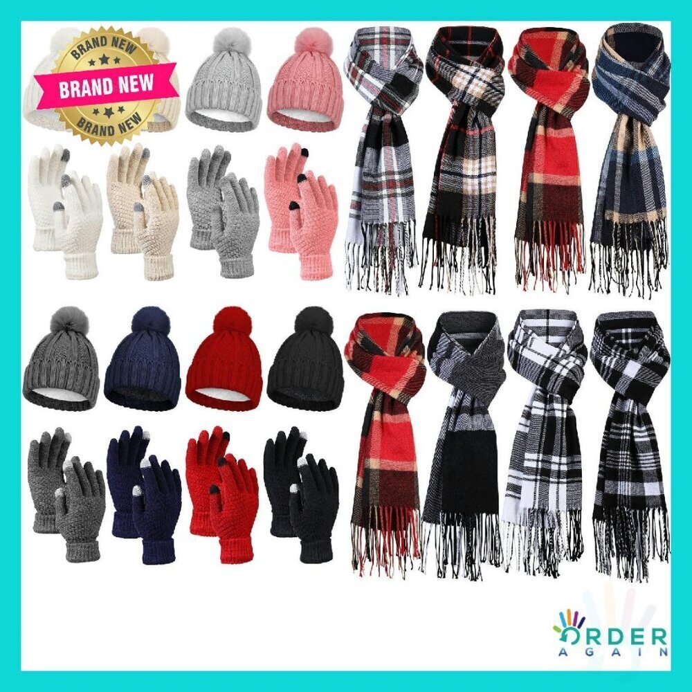 Winter Accessory Set Knitted Beanie Plaid Scarf Touchscreen Gloves Earmuffs